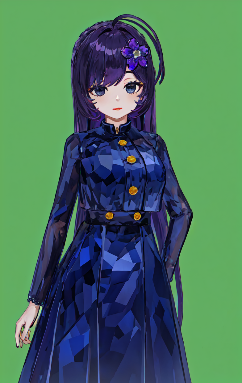 00382-3036399959-masterpiece, best quality,_hair flower, purple hair, black eyes, blue eyes, lipstick, buttons, [(purple dress_0.9)_(dark blue dr.png
